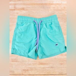 Properly tied Turquois swim Shorts with Purple Drawstring